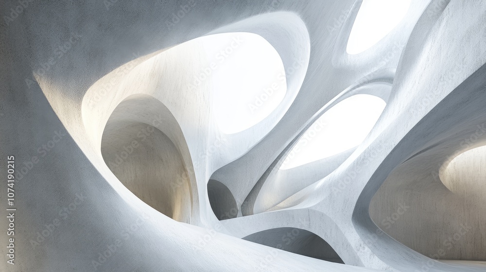Poster 3d rendering of an abstract parametric interior featuring white and concrete elements with a window