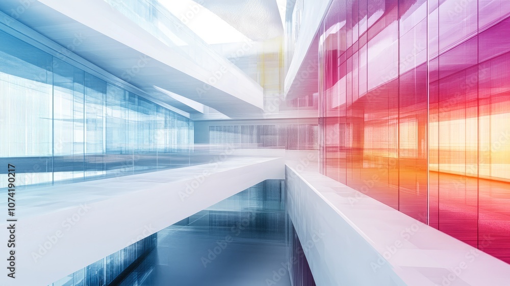 Poster 3d rendering of an abstract multilevel public space featuring white and colored gradient glass eleme