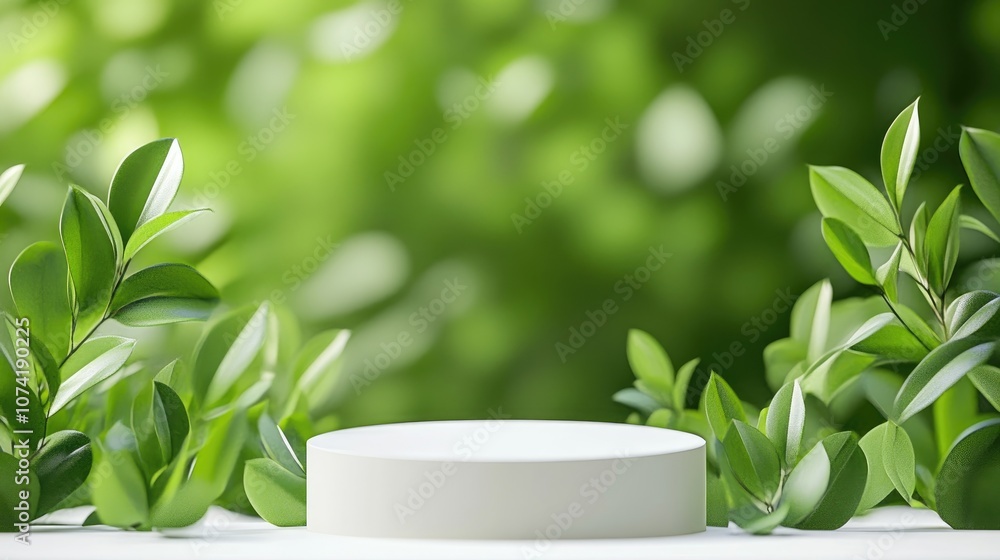 Poster 3d rendering of a white podium with a green backdrop for displaying eco friendly products