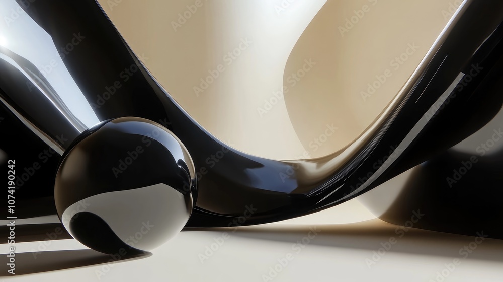 Poster dynamic abstract interior featuring smooth black objects 3d rendering and illustration