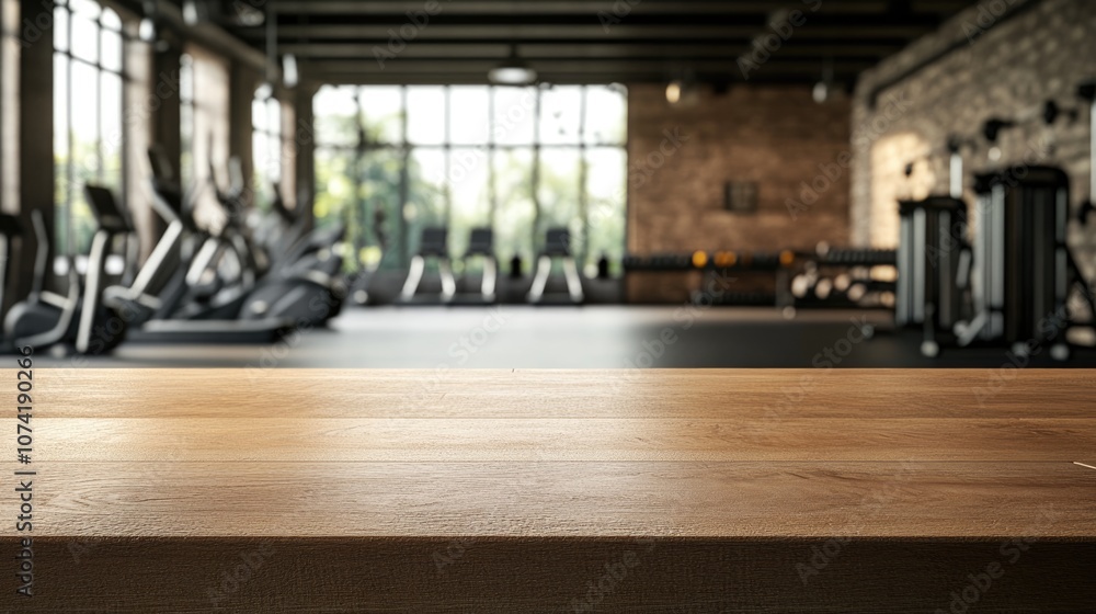 Poster 3d rendering of an empty wood table in a fitness gym