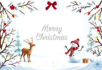 Fototapeta premium Merry Christmas greeting flyer Template Illustration with winter scene background and snowman