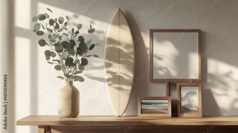 Poster 3d rendering of surfboard photo frames and a vase of eucalyptus branches on a bench in an interior s