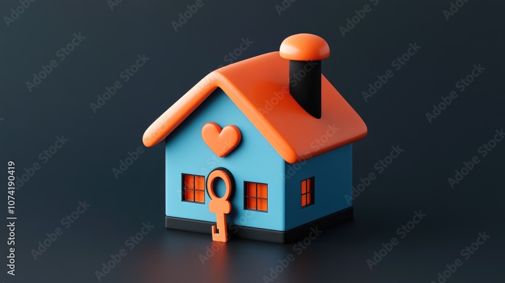 Poster 3d rendering of a simple house featuring a chimney a heart and a key in orange blue and black colors