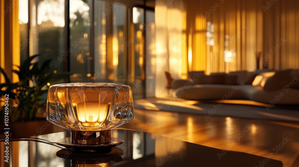 Poster 3d rendering of an interior scene featuring a lamp with glass decorations surrounding the light sour