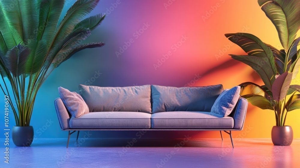 Poster 3d rendering of a comfortable sofa against a colorful wall background