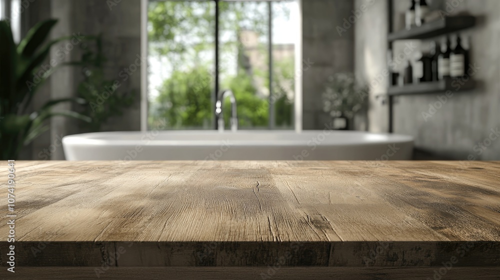 Poster 3d rendering of a table top with blurred bathroom background
