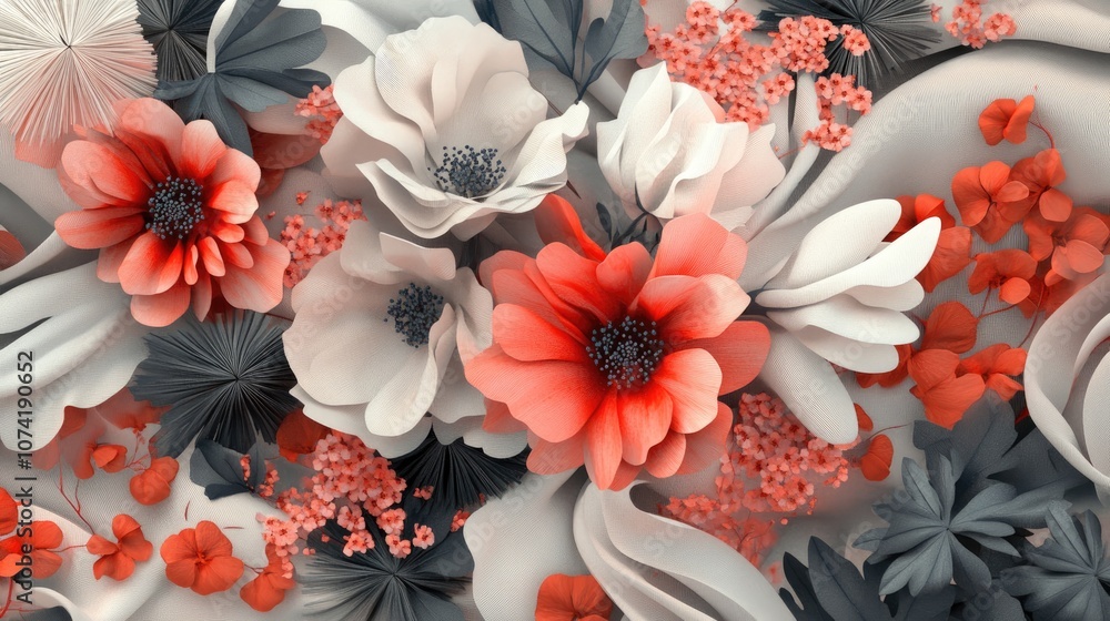 Poster 3d rendering of an abstract fabric background featuring a halftone floral bouquet showcasing a botan
