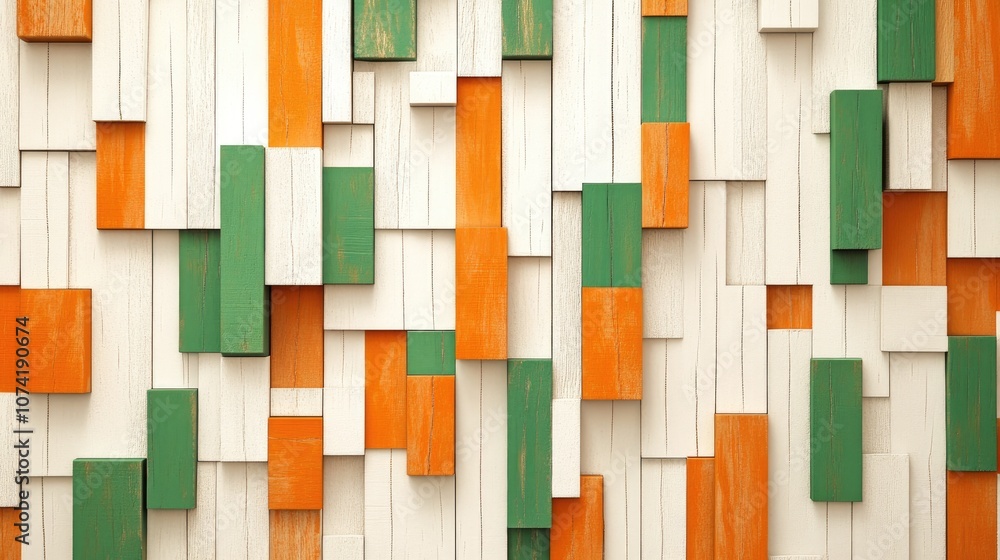 Poster 3d rendering of a background featuring a wooden surface with small boards painted in alternating col