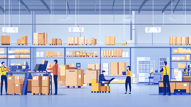 Workers coordinating goods flow in a large warehouse, with packages and equipment organized for streamlined supply chain management 