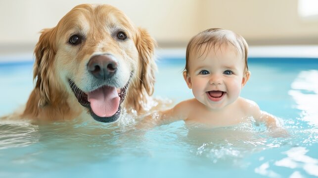 A joyful baby and golden retriever enjoying playtime in a swimming pool on a sunny day at home