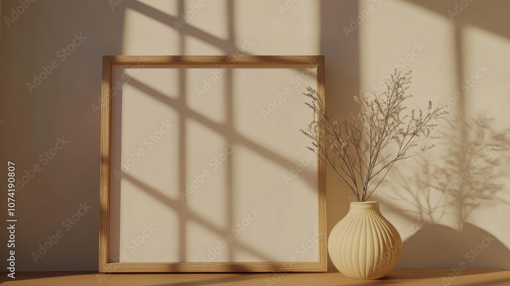 Poster 3d rendering of a minimalist wooden frame mockup with an empty front view featuring a decorative pla
