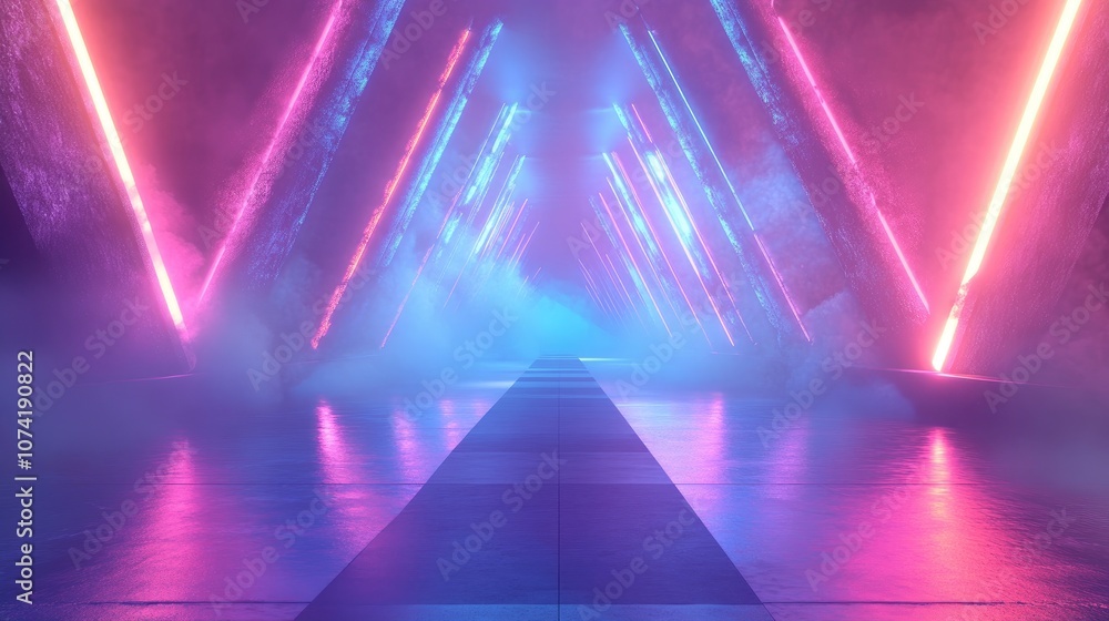 Aufkleber 3d rendering of an empty stage with an abstract background in blue pink and purple neon hues the sce
