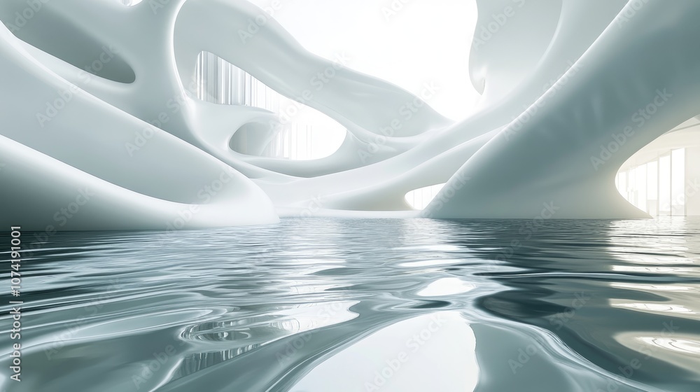 Poster abstract architectural background featuring white smooth lines and water enhanced by 3d rendering