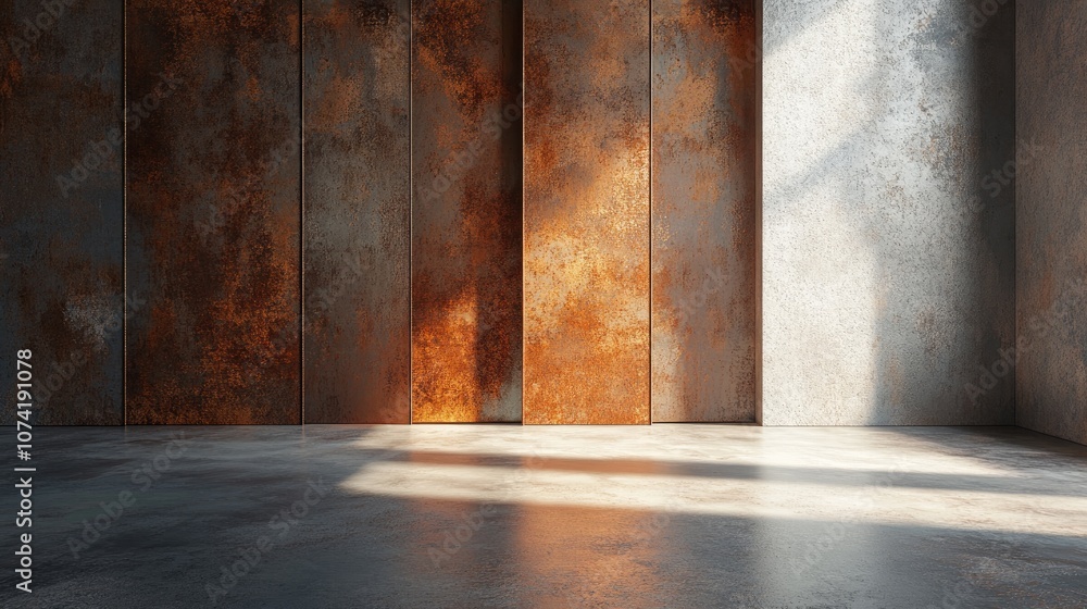 Poster 3d rendering of a smooth empty abstract room interior featuring rusted metal sheets showcasing an ar