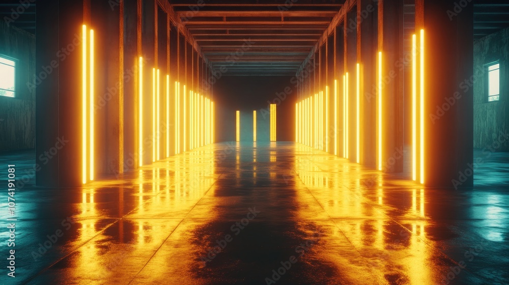 Aufkleber 3d rendering of an abstract corridor tunnel featuring yellow neon lights resembling a fashion podium