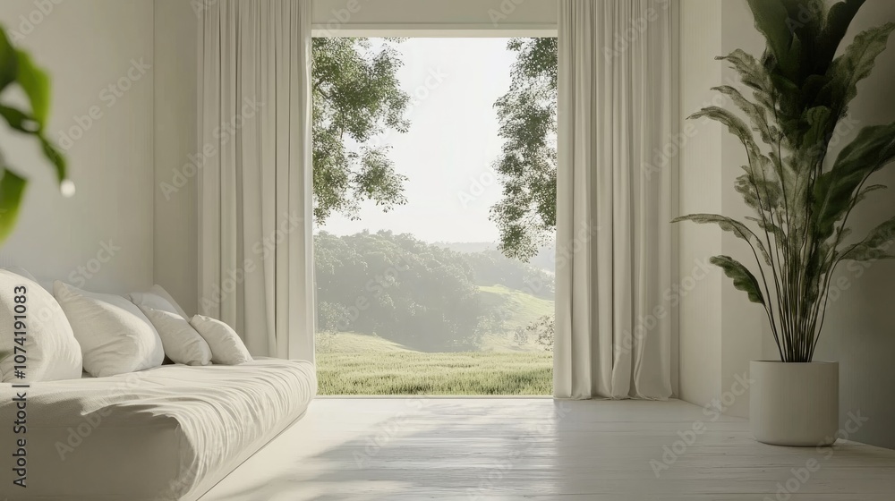 Poster 3d rendering of a stylish white room featuring a sofa and a green landscape view through the window 