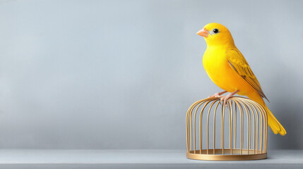 A vibrant yellow canary perched on a golden birdcage against a soft grey background in a serene indoor setting