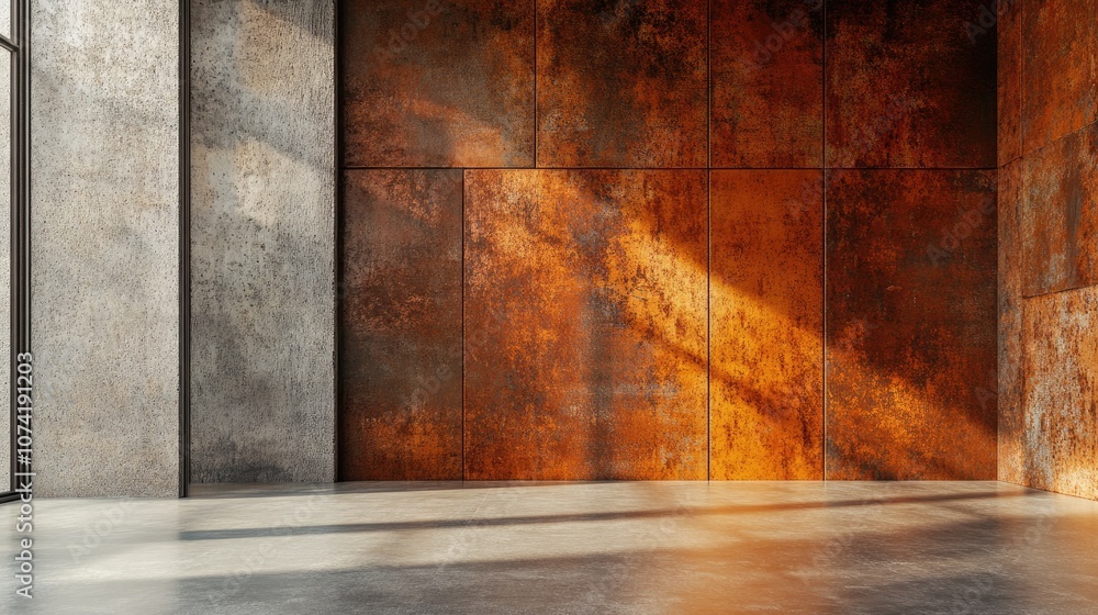 Poster empty smooth abstract interior featuring rusted metal sheets and concrete architectural background i