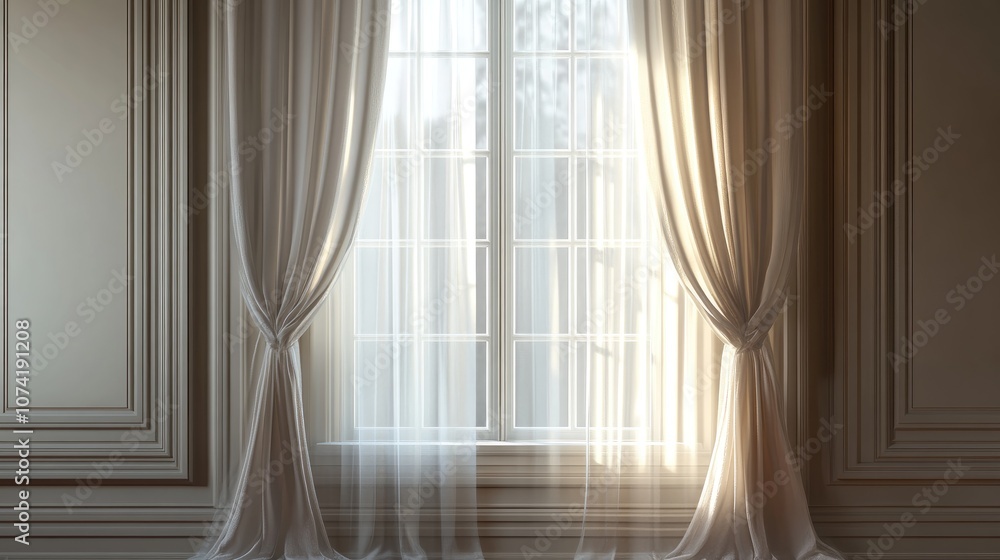 Poster elegant 3d rendering of a glass window adorned with a curtain