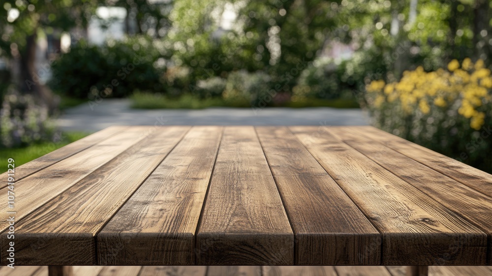 Poster 3d rendering of an empty wooden brown table with a blurred garden bokeh background ideal for product