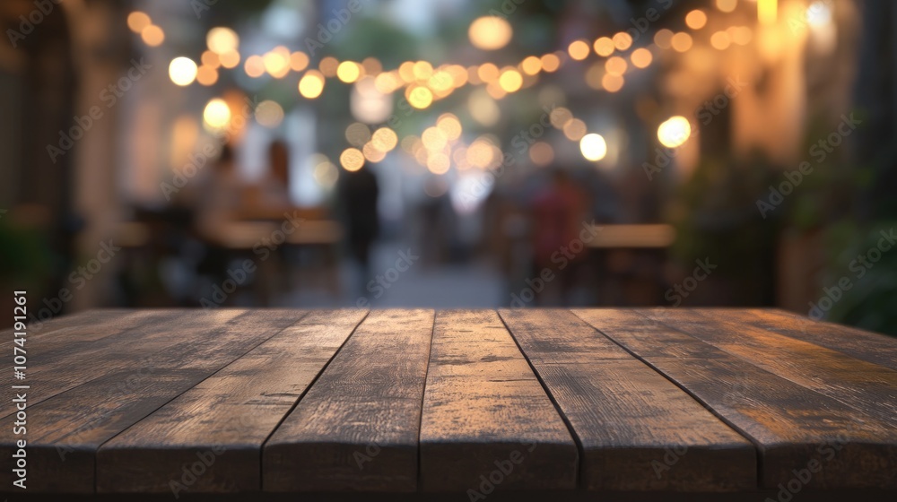 Poster 3d rendering of a wooden table in a blurred coffee shop or cafe setting with abstract bokeh light ef