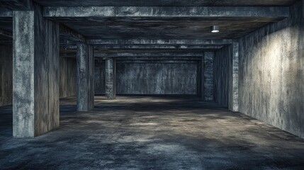Fototapeta premium Empty interior of a dark basement room with concrete walls 3D rendering of architectural design