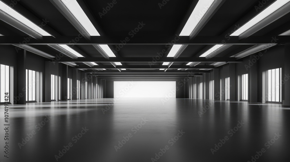 Poster empty expansive hall with beams architectural backdrop vacant space abstract design showroom setting