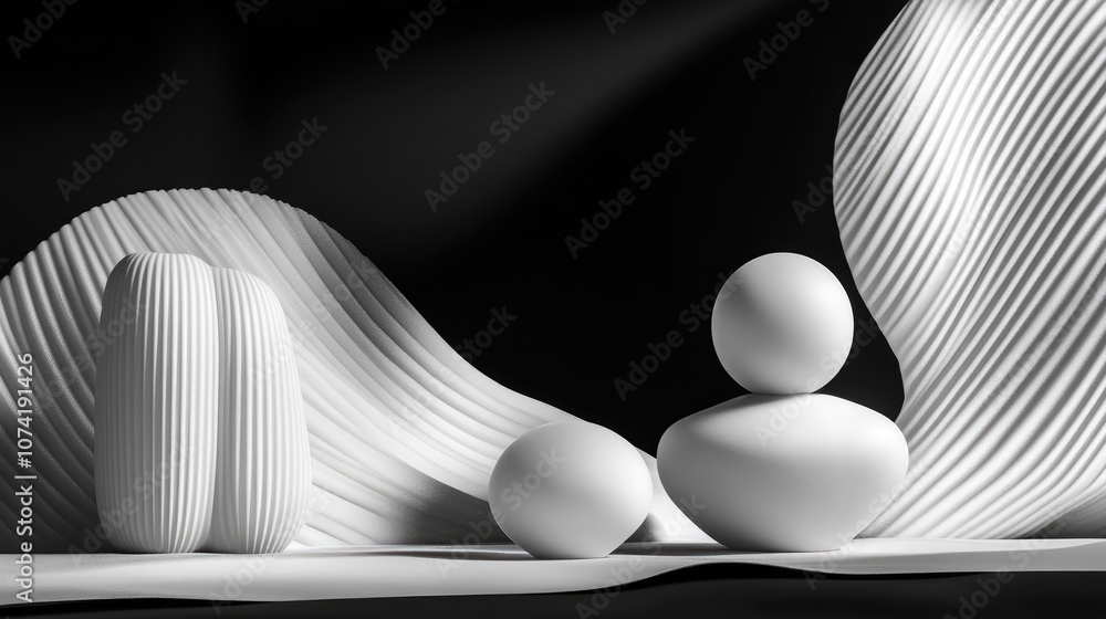 Poster dynamic abstract interior featuring smooth white objects against a black backdrop 3d rendering and i