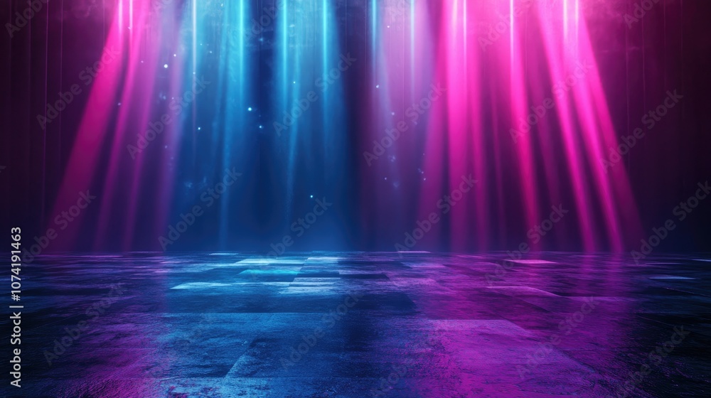 Poster 3d rendering of an empty backdrop with shadows reflected on a gritty floor featuring rays of blue pi