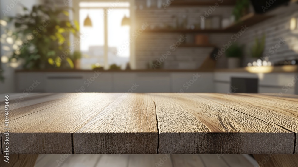 Poster 3d rendering of a table showcasing a product with a blurred kitchen background
