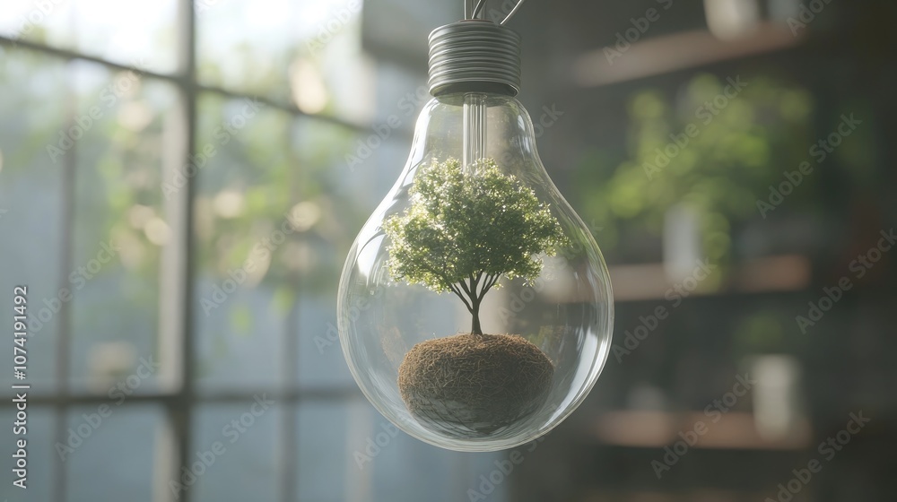 Poster 3d rendering of a small tree inside a light bulb suspended on a wire stand showcasing a creative diy