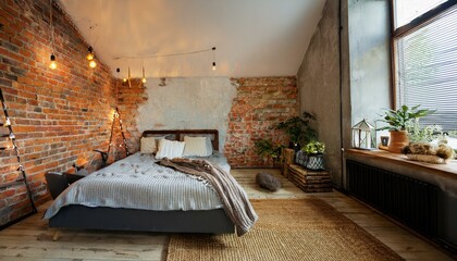 Bedroom interior with bed, exposed brick, and industrial decor.