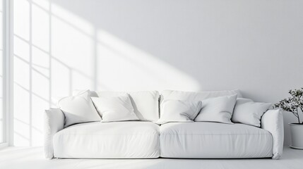 Obraz premium Scandinavian interior design featuring a white modern living room with a sofa 3D rendering