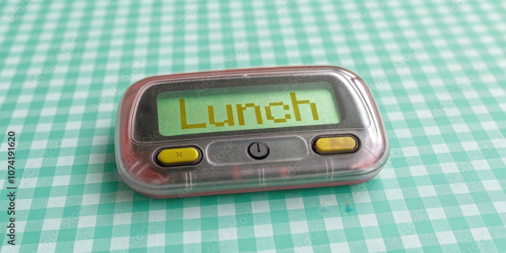 Poster text message delight a translucent pager situated on a mint green tablecloth with the message lunch 