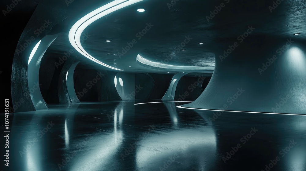 Poster futuristic modern design room featuring floor ceiling and spot lighting in an empty dark space techn