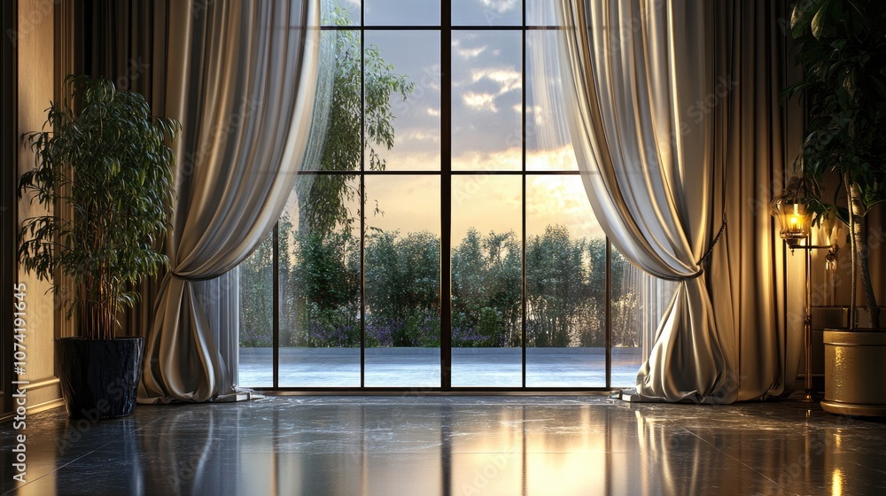 Poster elegant 3d rendering of a glass window adorned with a curtain