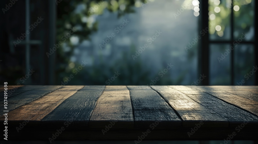 Poster 3d rendering of a dark empty wooden table with a blurred beautiful background illustration