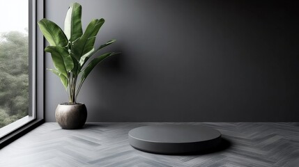 A minimalist interior scene featuring a round platform and a potted plant beside a large window, Ideal for wellness, interior design, or lifestyle visuals promoting tranquility and modern aesthetics,