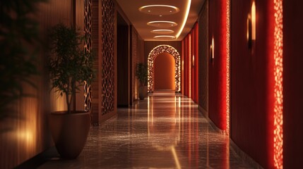 3D rendering of a modern hotel lobby corridor design