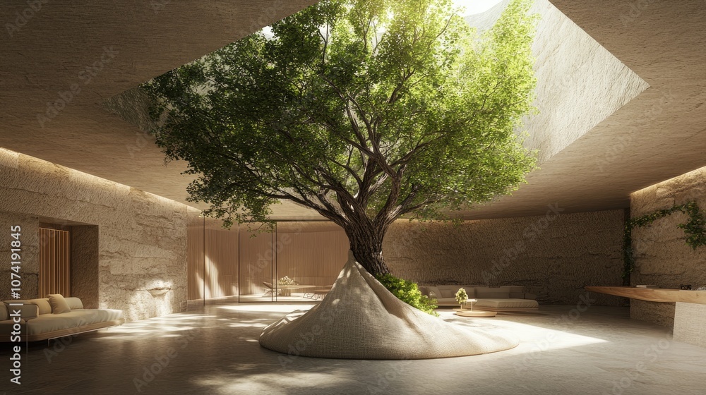 Poster 3d rendering of a tree in a sack bag as a ceiling feature in an indoor nature inspired interior desi