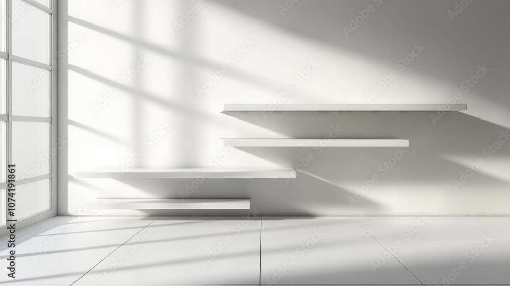 Poster 3d rendering of minimalist empty shelves in a modern setting