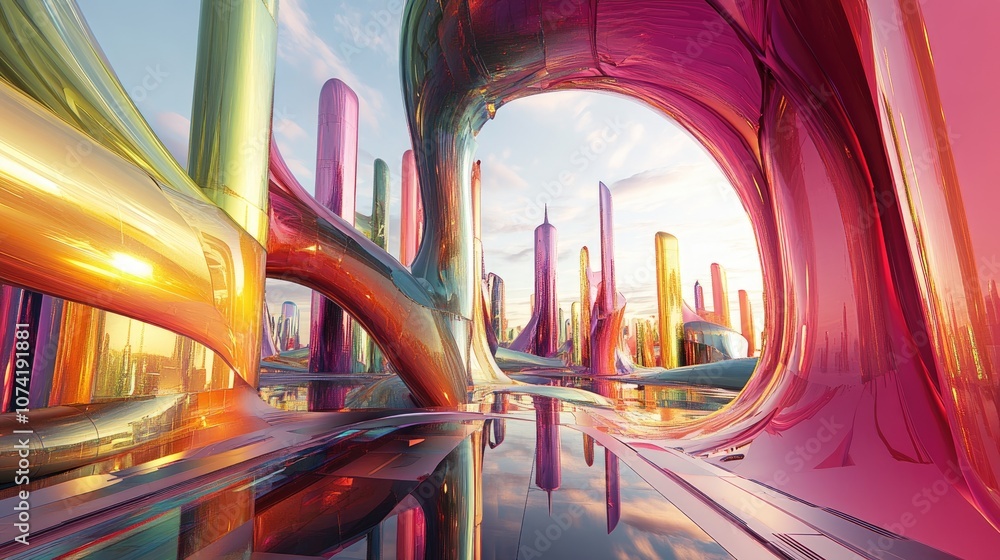 Poster 3d rendering of a futuristic cityscape with advanced architecture and vibrant colors