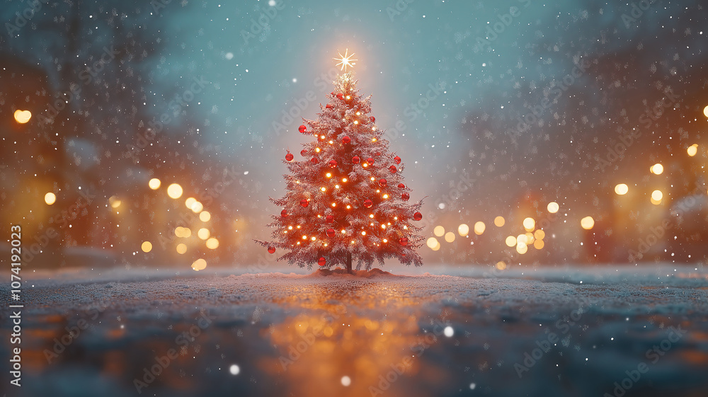 Poster magical christmas tree in snow with bokeh lights and snowflakes creating a joyful holiday scene