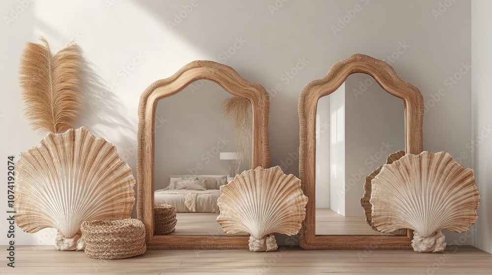 Poster 3d rendering of framed mirrors featuring shell designs