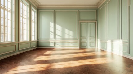 Obraz premium 3D rendering of an empty room featuring light green walls oak parquet flooring and reddish wood accents