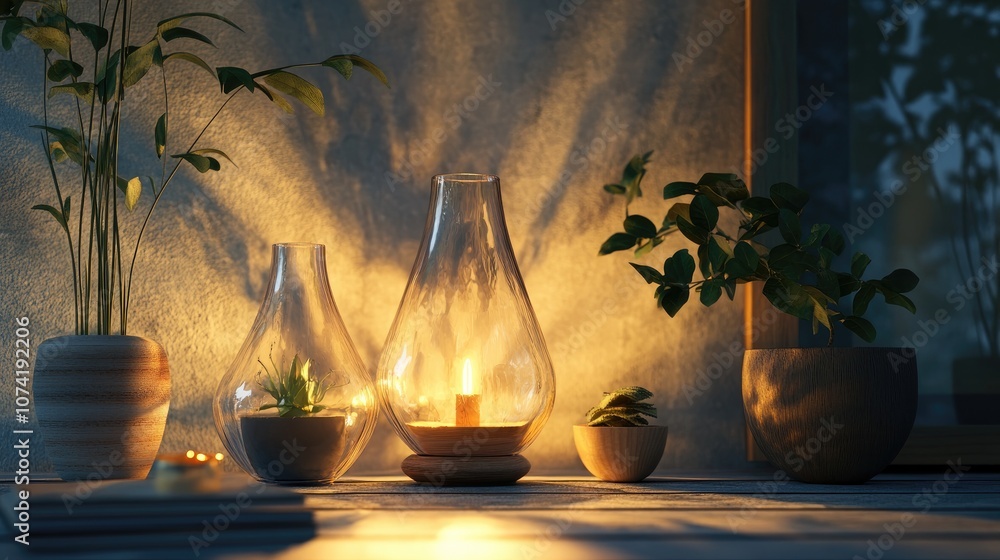 Poster 3d rendering of an interior scene featuring a lamp with glass decorations surrounding the light sour