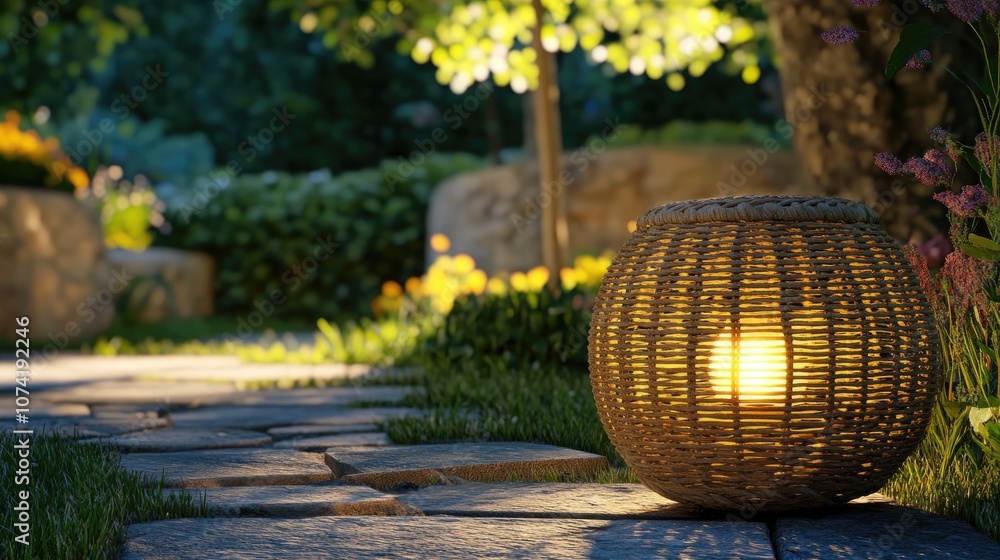 Poster 3d rendering of a decorative basket lamp in a garden setting close up view