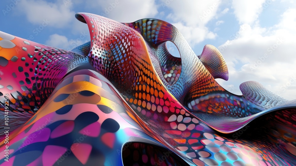 Poster 3d rendering of an abstract geometric shape with colorful patterns