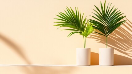 Two vibrant green palm plants in minimalist pots cast soft shadows against a warm peach wall, creating a relaxing, modern aesthetic, Ideal for home decor, gardening, or lifestyle content,